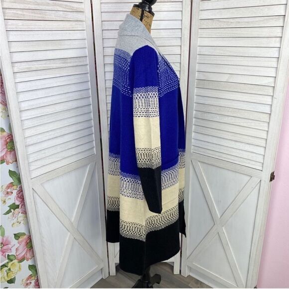 MaxSport Western Colorblock Long Cardigan Sweater Gray Blue Cream Black Large - Picture 5 of 12